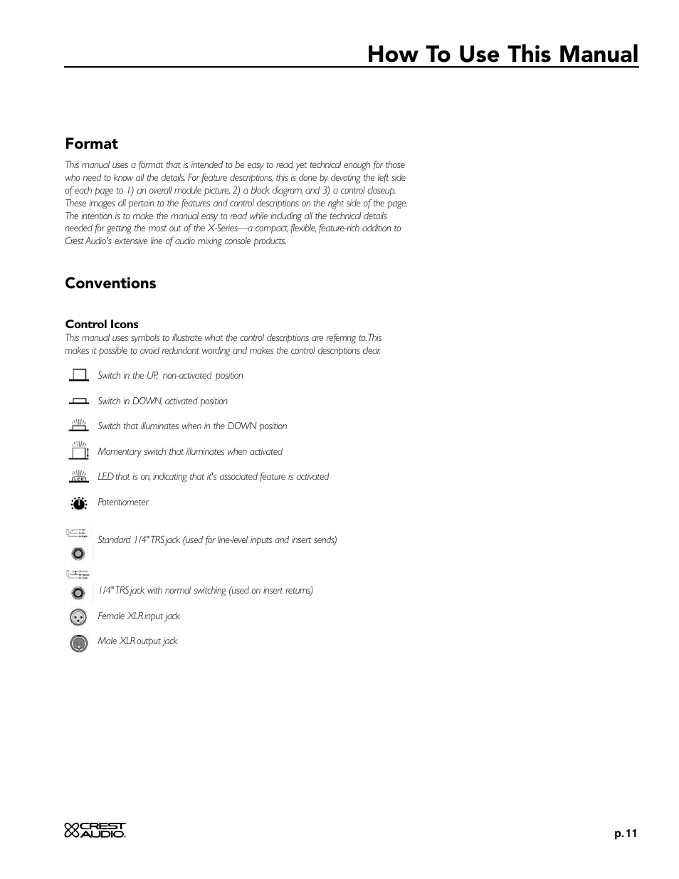 How to use this manual, Format, Conventions | Crest Audio X-SERIES X 20R User Manual | Page 11 / 56