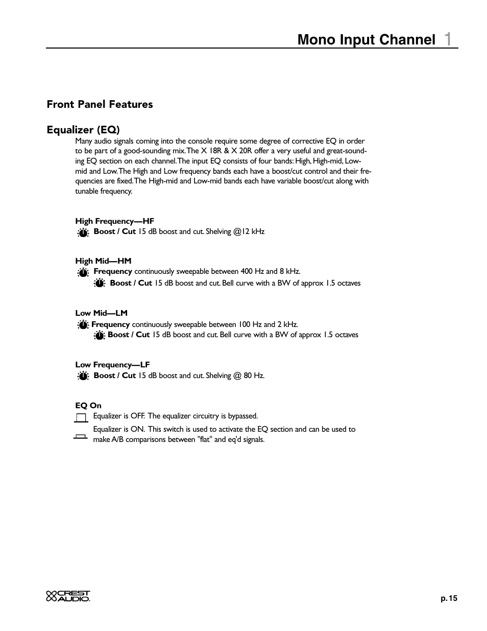Mono input channel | Crest Audio X-SERIES X 20R User Manual | Page 15 / 56