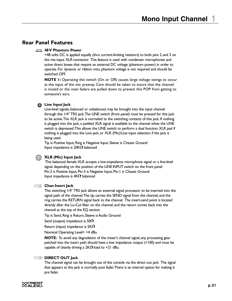 Mono input channel, Rear panel features | Crest Audio X-SERIES X 20R User Manual | Page 21 / 56