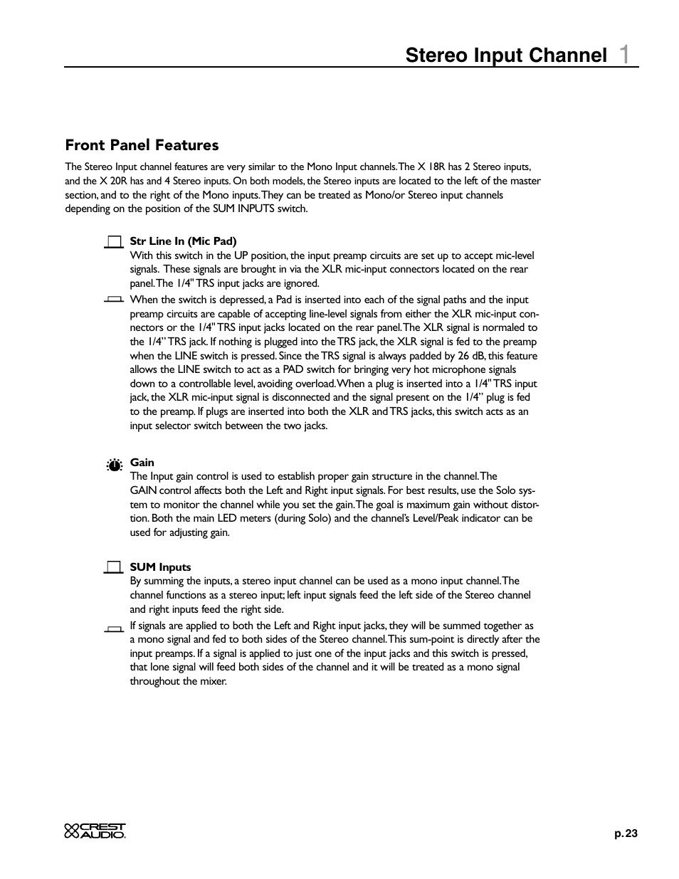 Stereo input channel | Crest Audio X-SERIES X 20R User Manual | Page 23 / 56