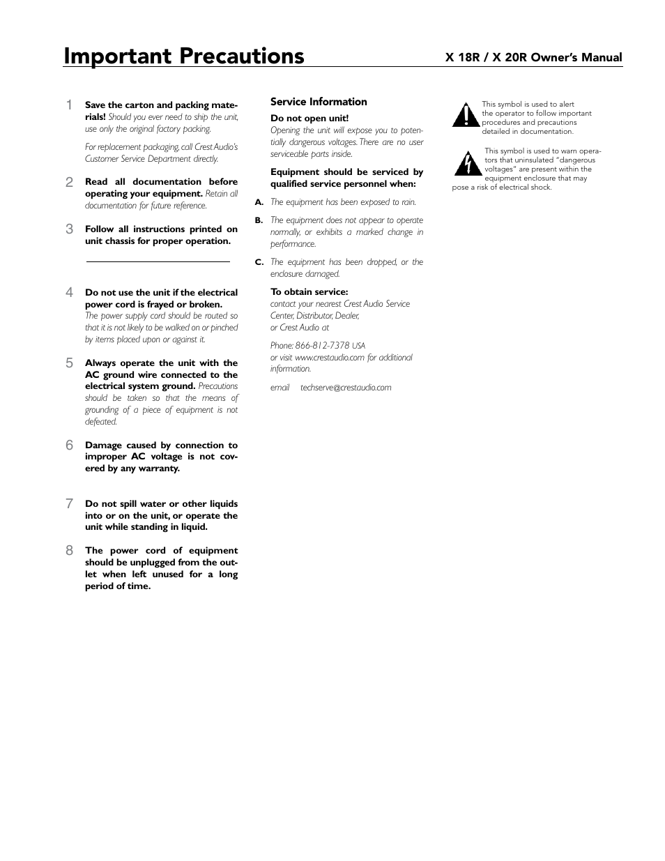 Important precautions | Crest Audio X-SERIES X 20R User Manual | Page 3 / 56