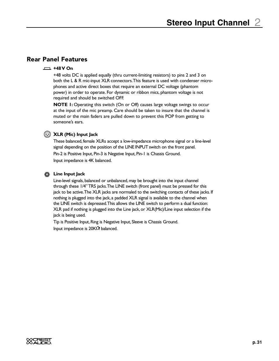 Stereo input channel | Crest Audio X-SERIES X 20R User Manual | Page 31 / 56