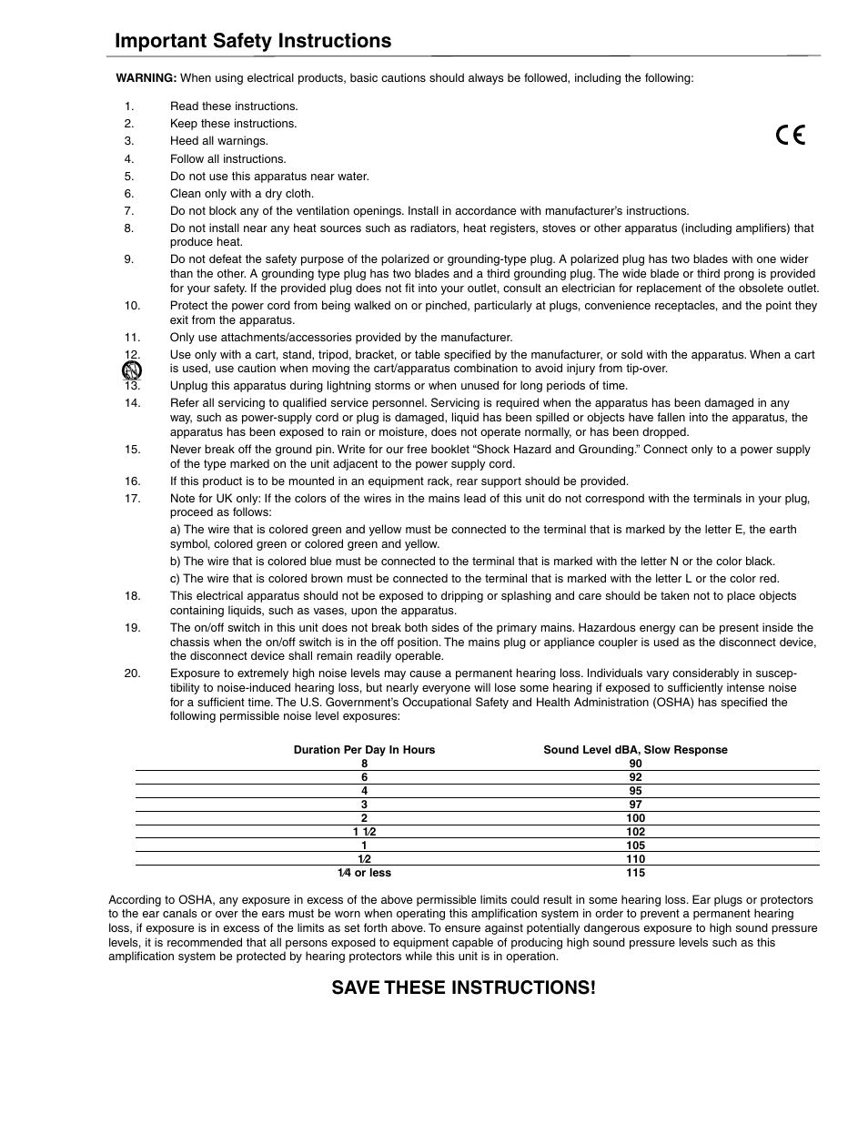 Important safety instructions, Save these instructions | Crest Audio X-SERIES X 20R User Manual | Page 5 / 56