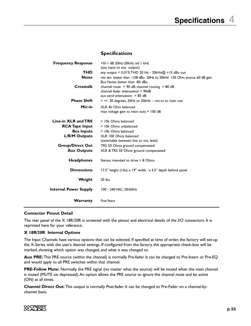 Specifications | Crest Audio X-SERIES X 20R User Manual | Page 53 / 56