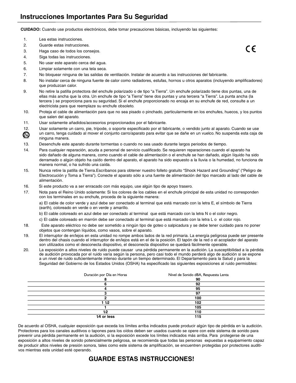 Instrucciones importantes para su seguridad, Guarde estas instrucciones | Crest Audio X-SERIES X 20R User Manual | Page 8 / 56