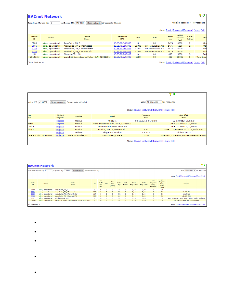 3 show: [firmware, 4 show: [stats, Show: [firmware | Show: [stats, Detailed statistics, Bacnet, À device list à show: [stats] tab, Stats | Obvius BACnet User Manual | Page 29 / 52