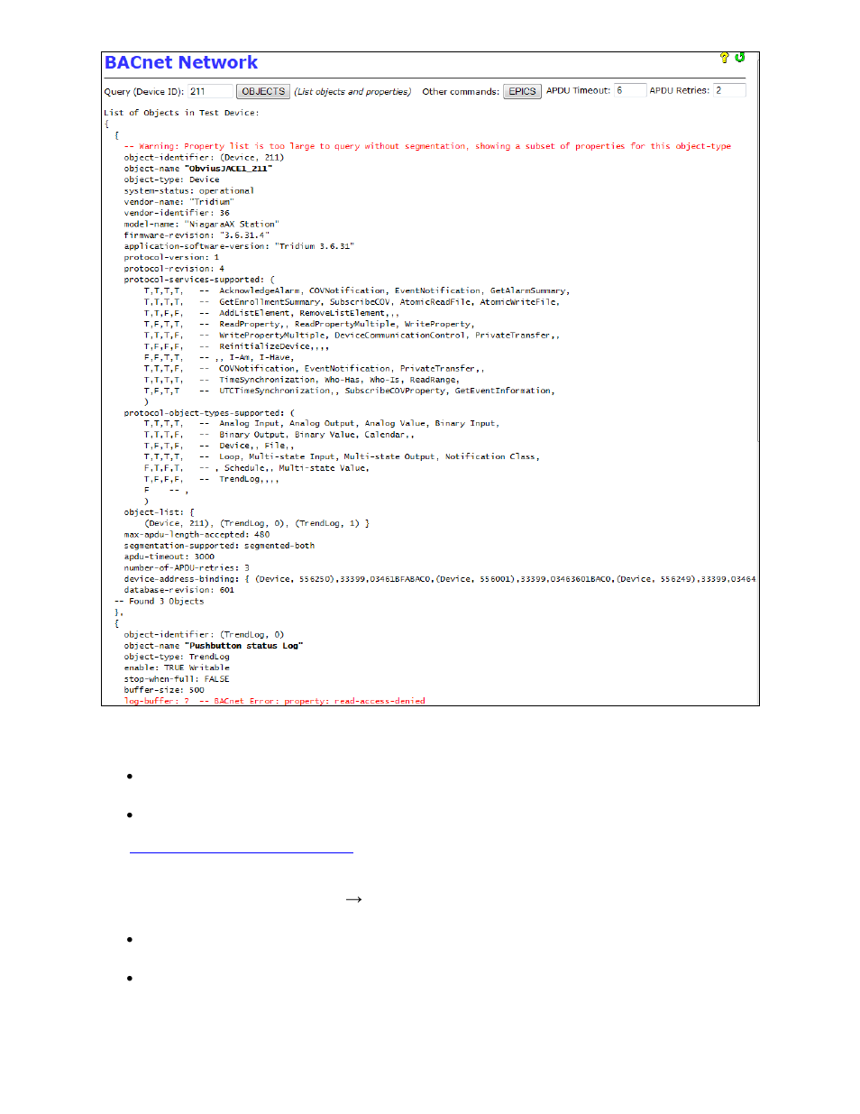 1 typical uses of discover → objects link, Typical uses of discover, Objects link | Obvius BACnet User Manual | Page 31 / 52