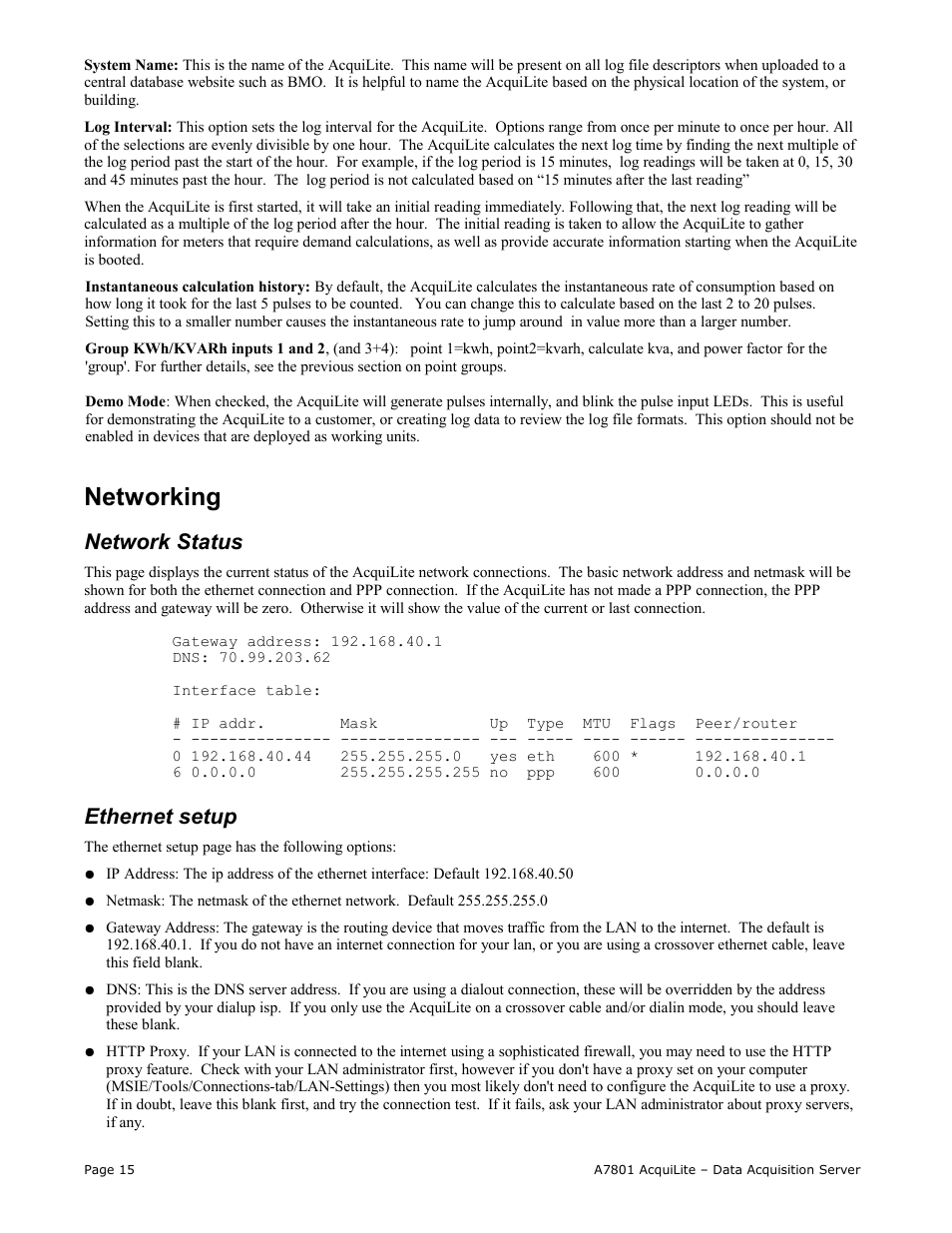 Networking, Network status, Ethernet setup | Obvius A7801 User Manual | Page 15 / 27