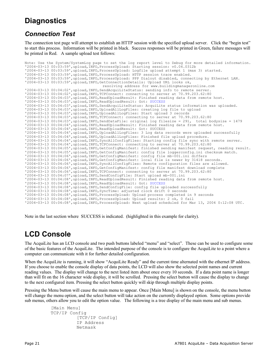 Diagnostics, Lcd console, Connection test | Obvius A7801 User Manual | Page 21 / 27