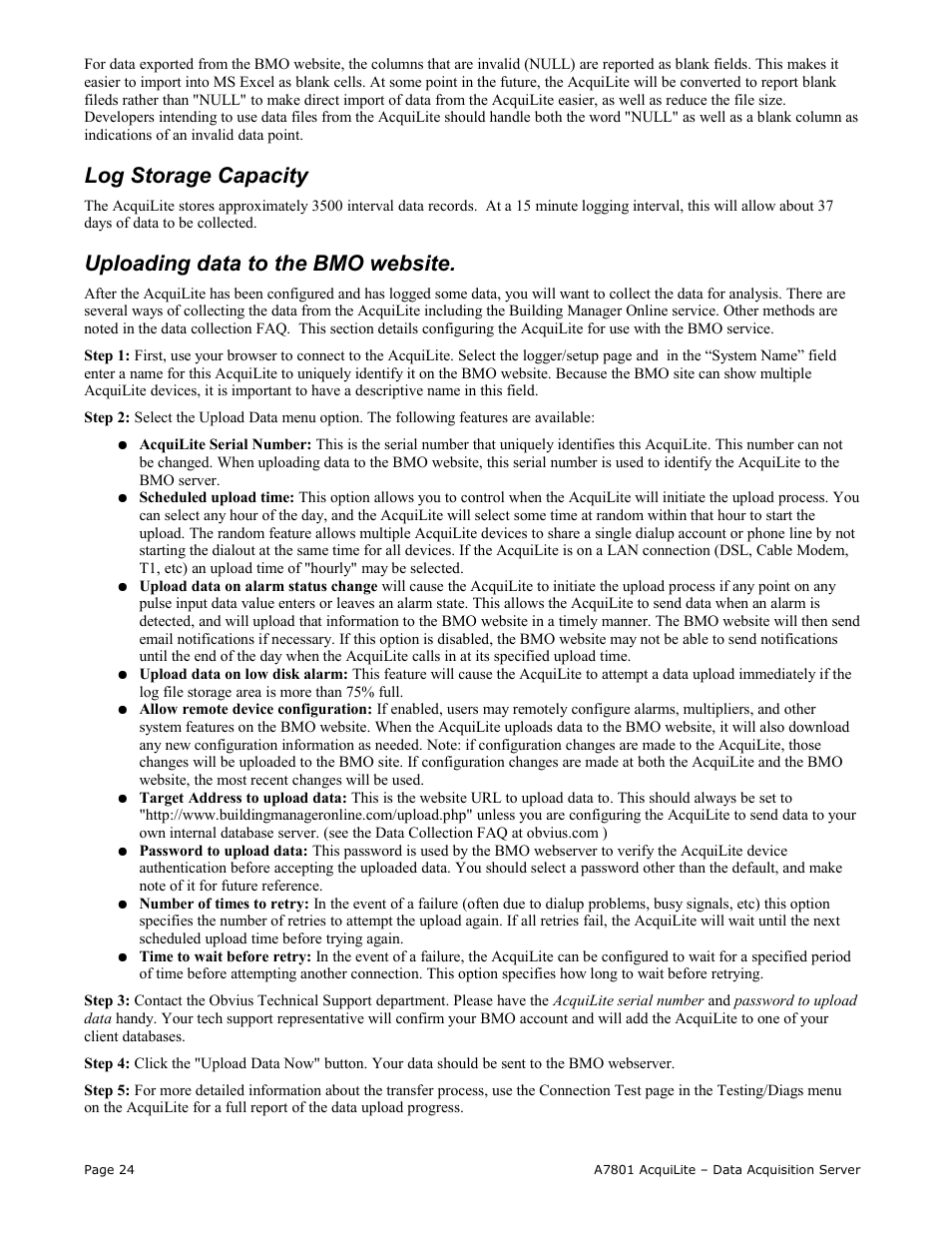 Log storage capacity, Uploading data to the bmo website | Obvius A7801 User Manual | Page 24 / 27