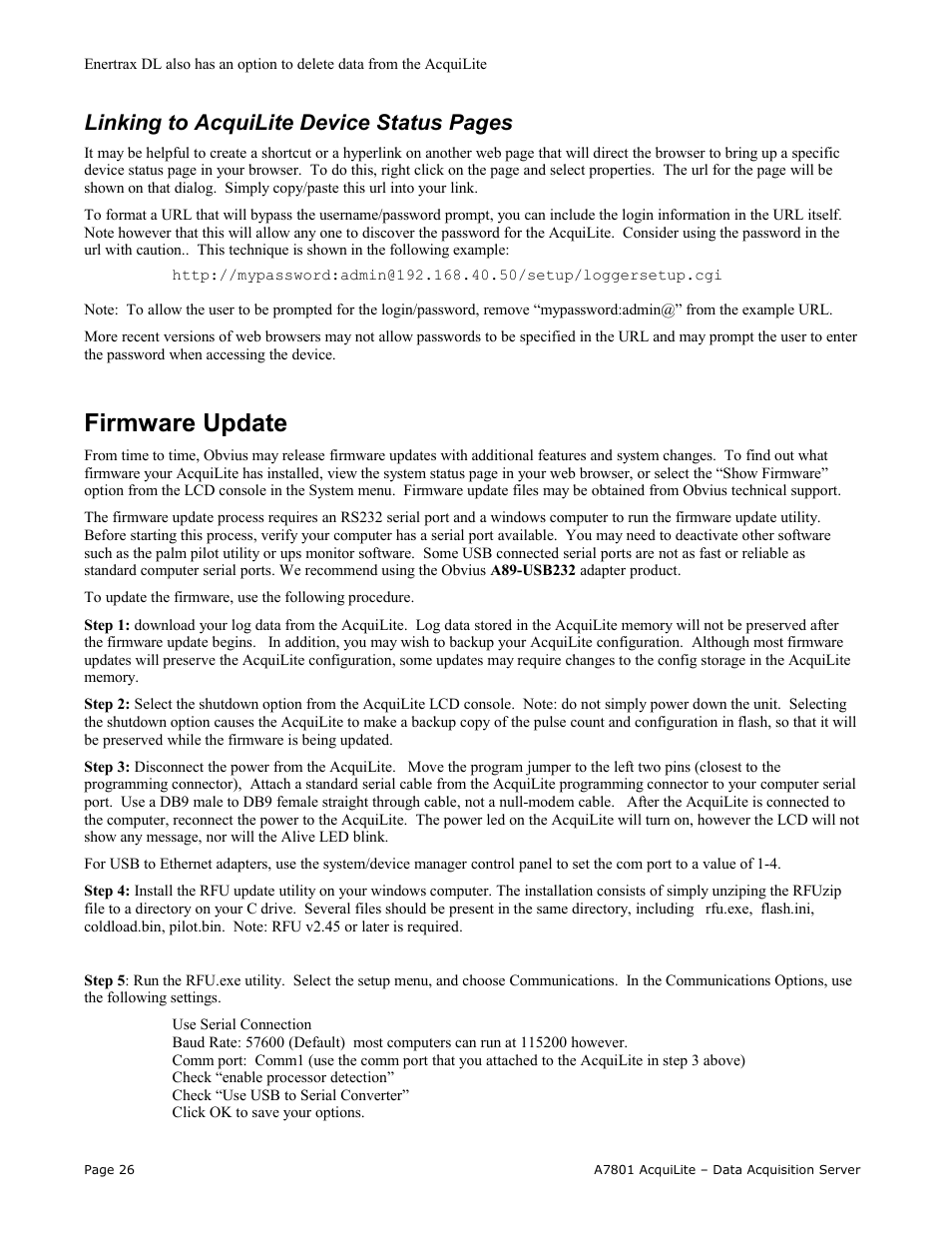 Firmware update, Linking to acquilite device status pages | Obvius A7801 User Manual | Page 26 / 27