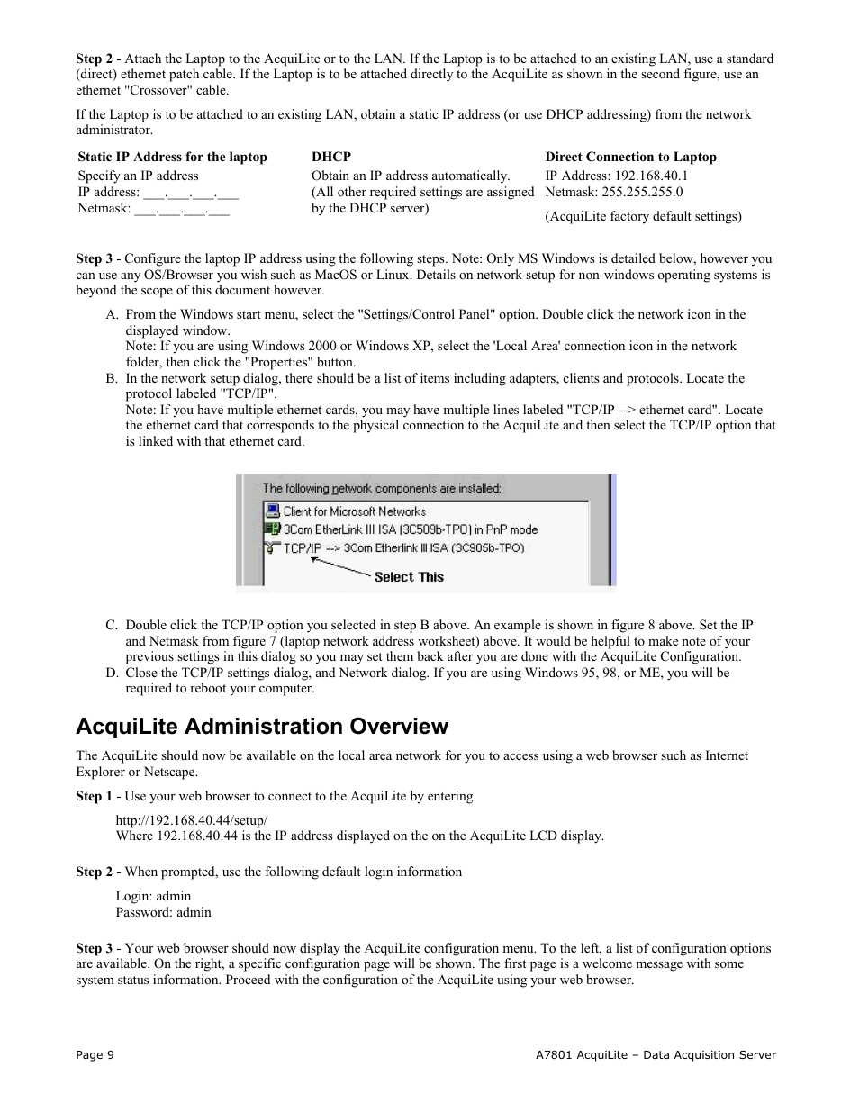 Acquilite administration overview | Obvius A7801 User Manual | Page 9 / 27