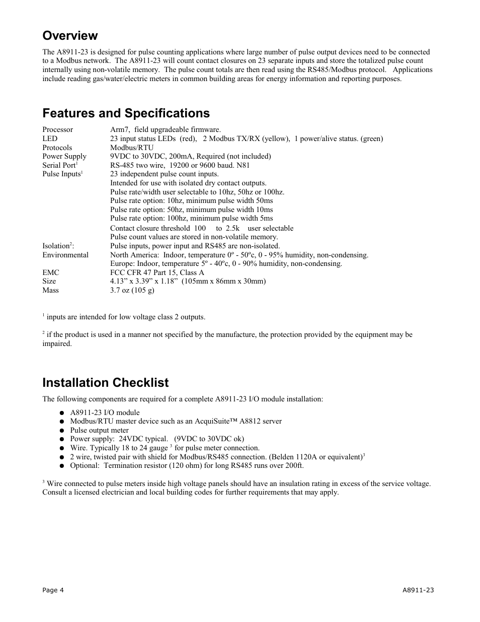 Overview, Features and specifications, Installation checklist | Obvius A8911-23 User Manual | Page 4 / 10