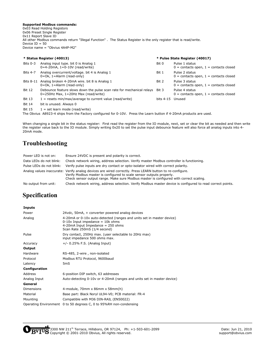 Troubleshooting, Specification | Obvius A8923-4 User Manual | Page 2 / 2