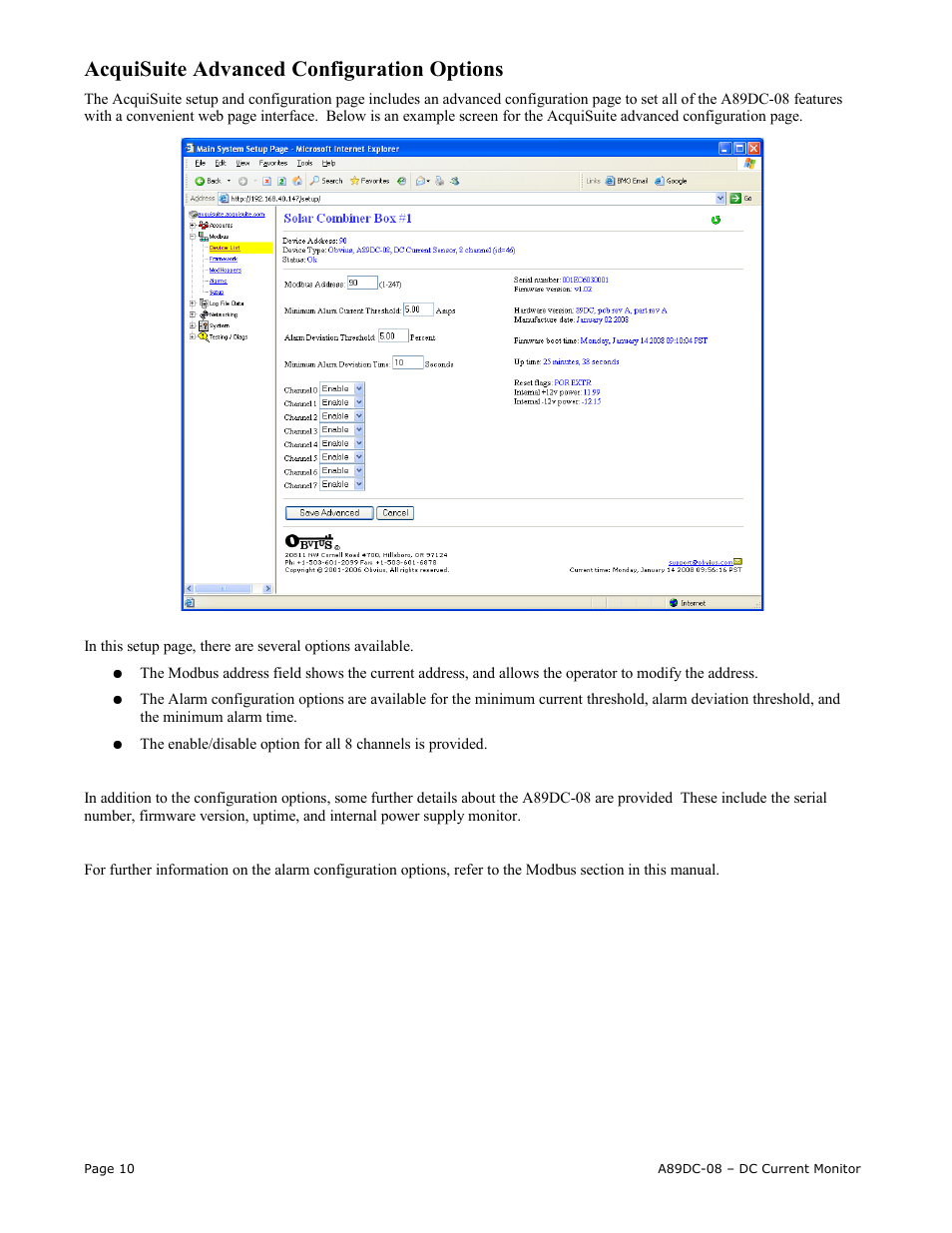 Acquisuite advanced configuration options | Obvius A89DC-08 User Manual | Page 10 / 15