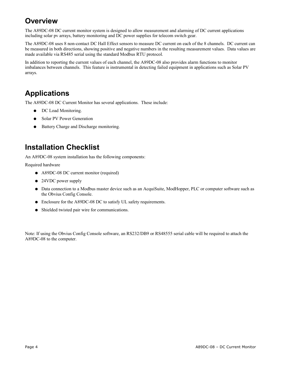 Overview, Applications, Installation checklist | Obvius A89DC-08 User Manual | Page 4 / 15