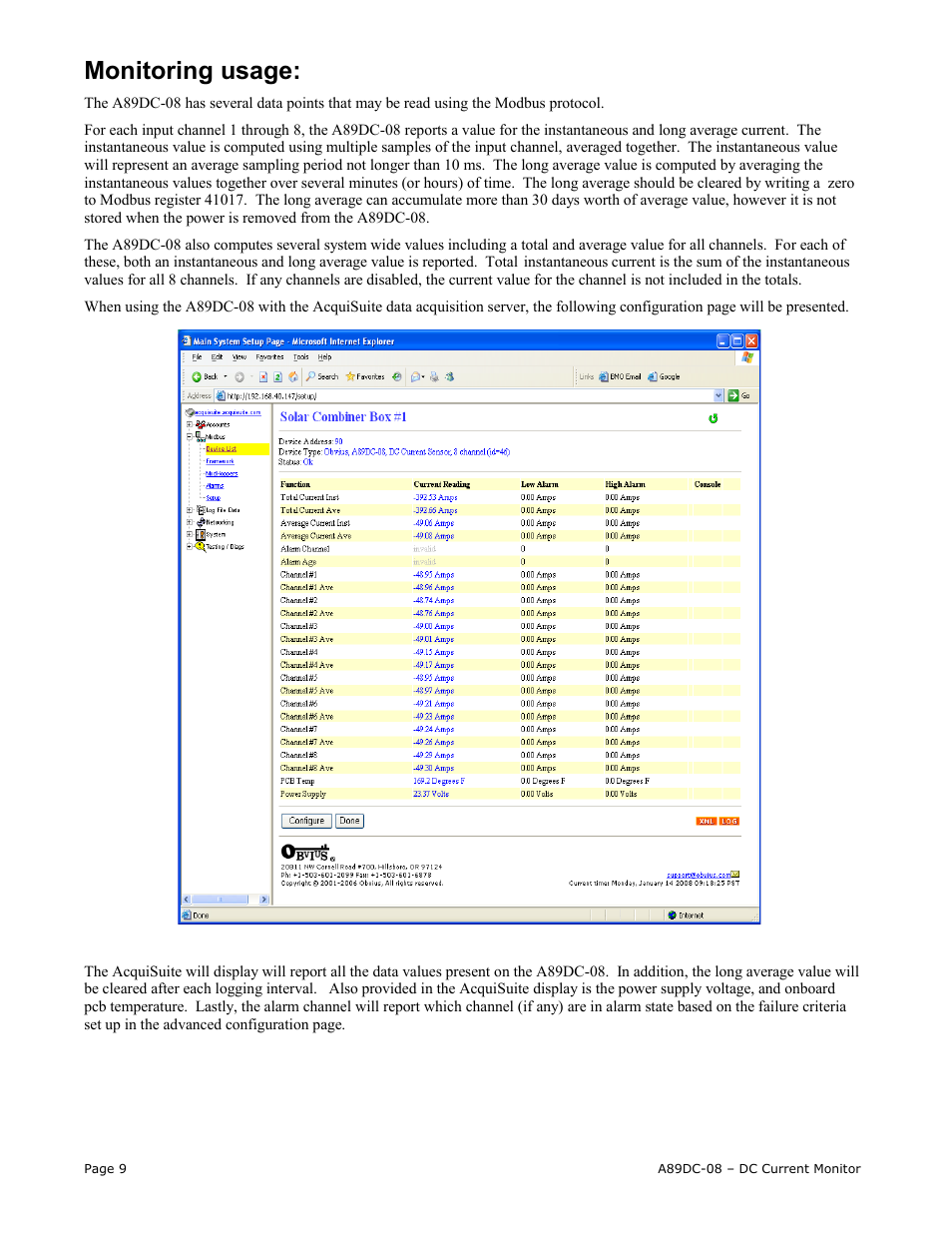 Monitoring usage | Obvius A89DC-08 User Manual | Page 9 / 15