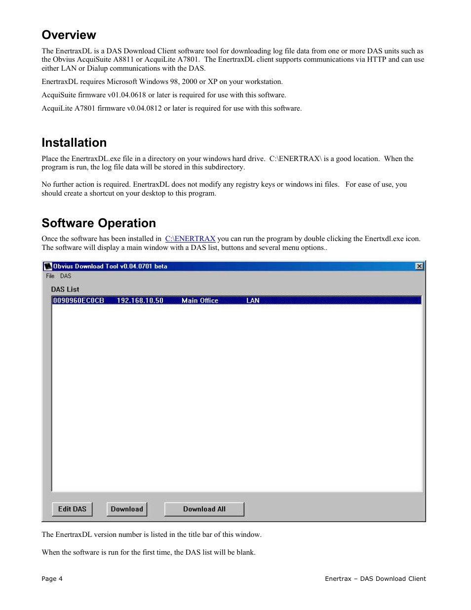 Overview, Installation, Software operation | Obvius Enertrax DL User Manual | Page 4 / 7