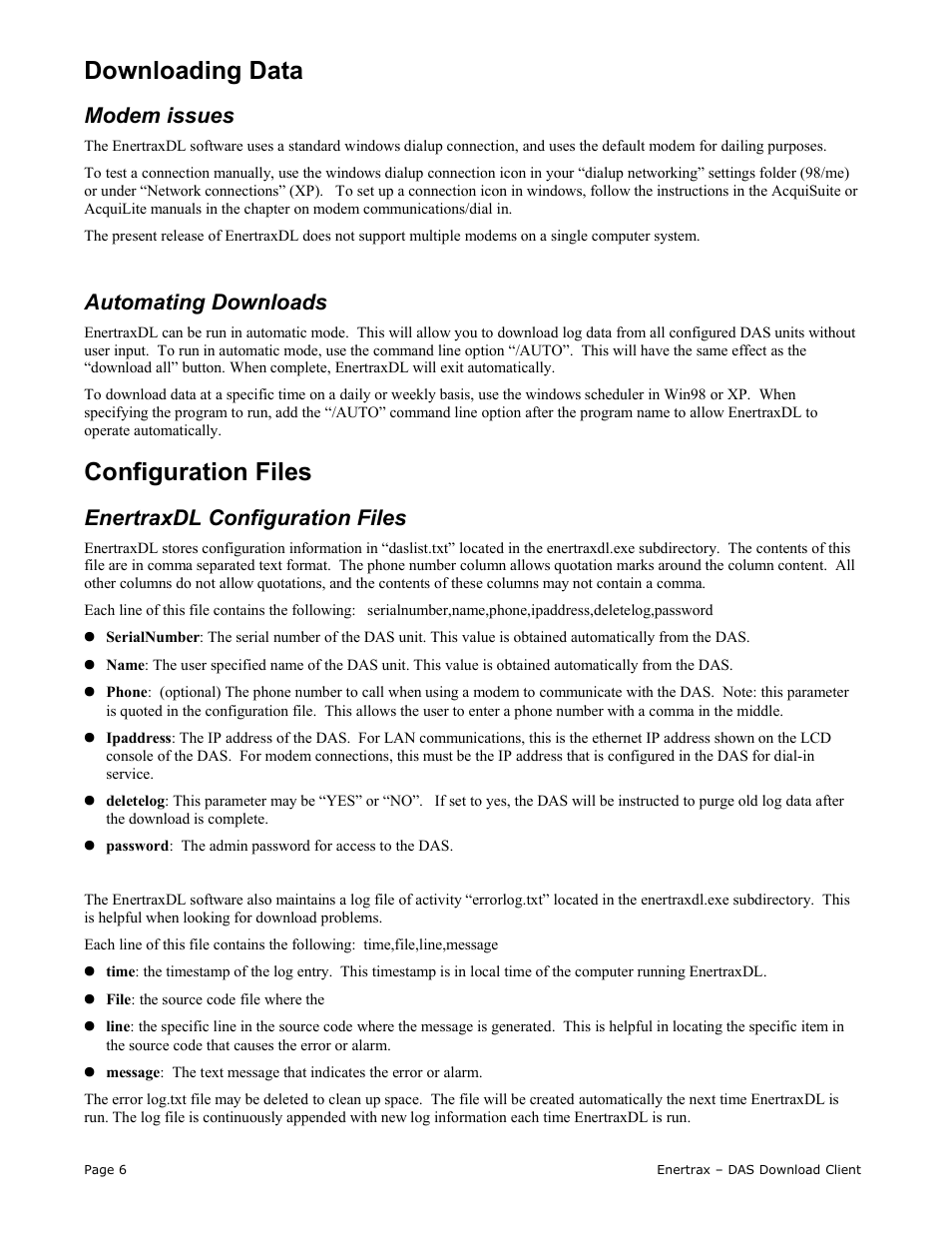 Downloading data, Configuration files, Modem issues | Automating downloads, Enertraxdl configuration files | Obvius Enertrax DL User Manual | Page 6 / 7