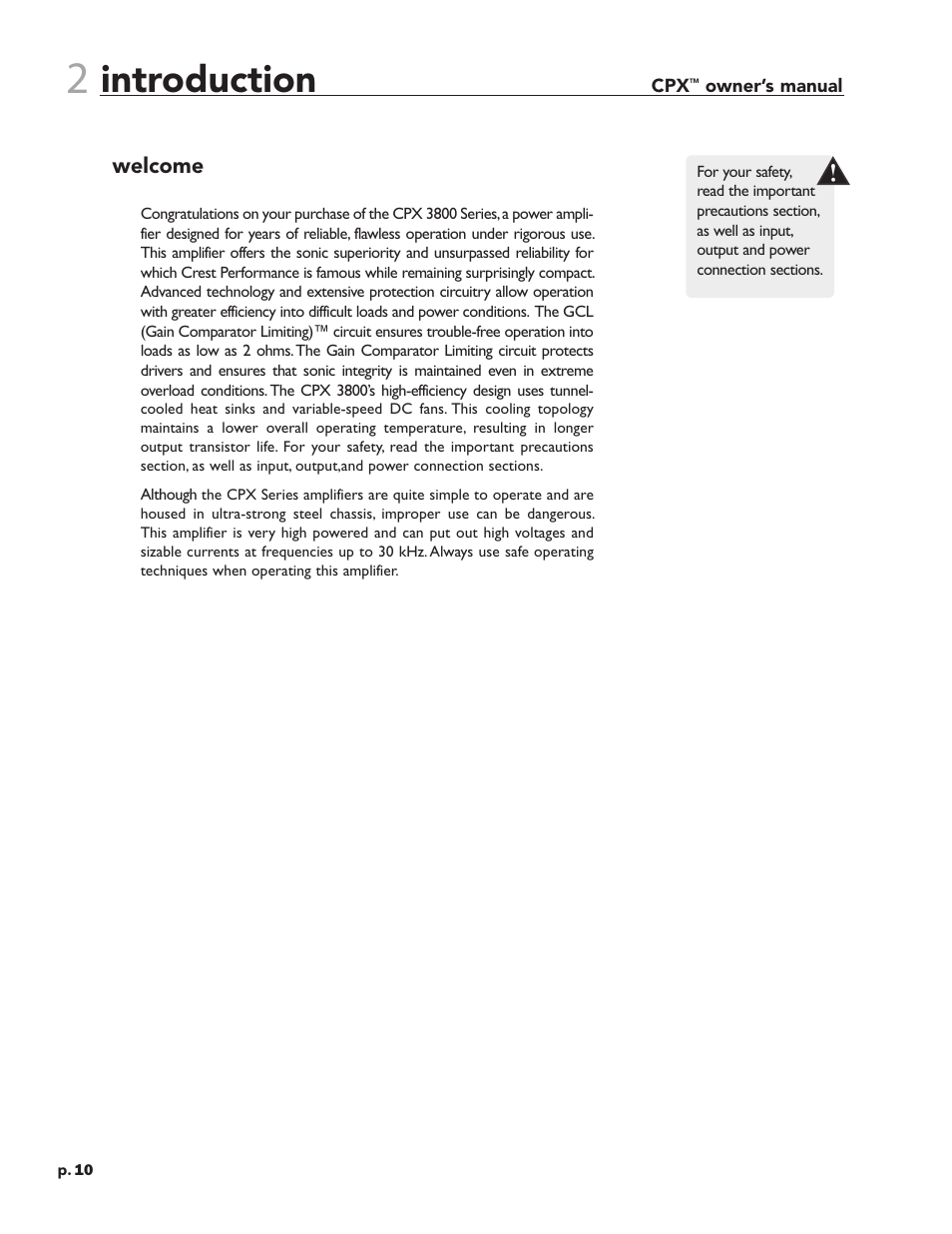 Introduction | Crest Audio CPX 3800 User Manual | Page 10 / 36