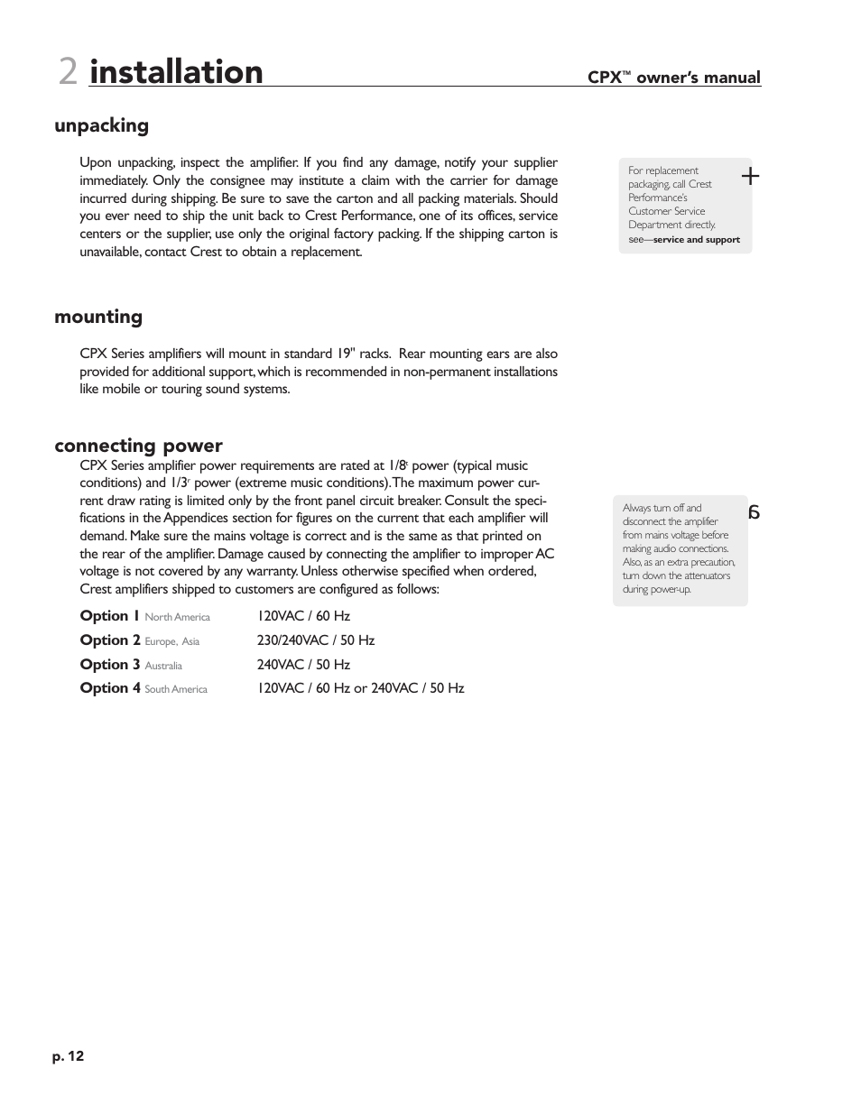 Installation, Unpacking, Mounting | Connecting power | Crest Audio CPX 3800 User Manual | Page 12 / 36