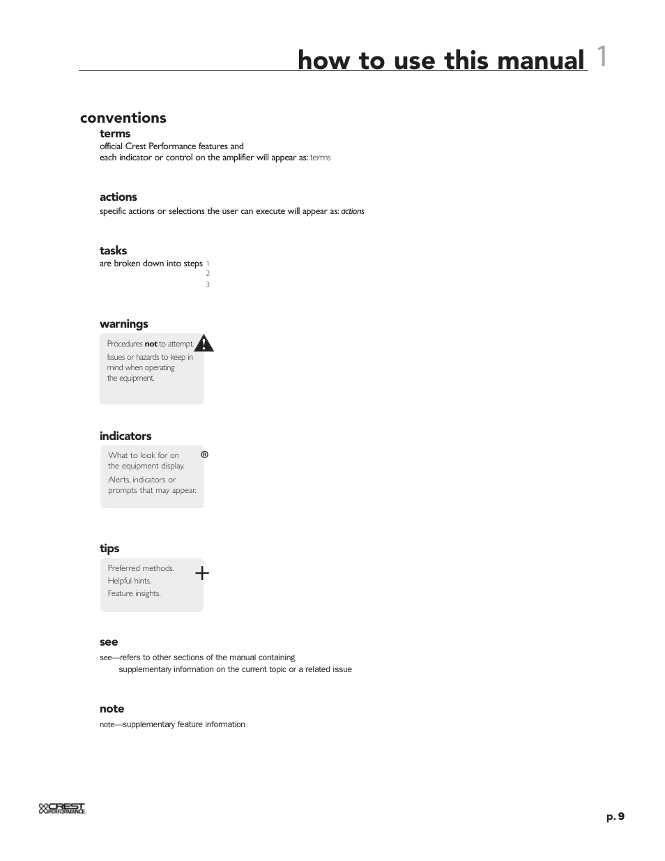 How to use this manual, Conventions | Crest Audio CPX 3800 User Manual | Page 9 / 36
