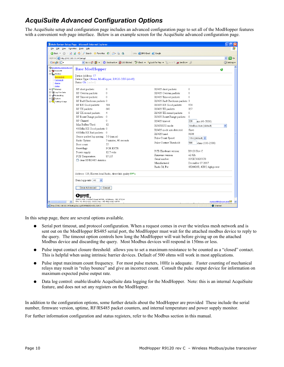 Acquisuite advanced configuration options | Obvius R9120 Rev C User Manual | Page 10 / 16