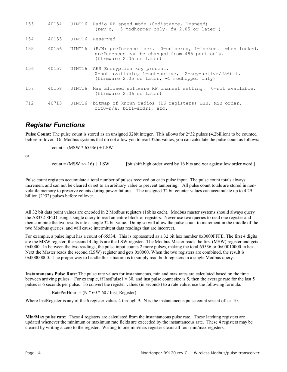 Register functions | Obvius R9120 Rev C User Manual | Page 14 / 16