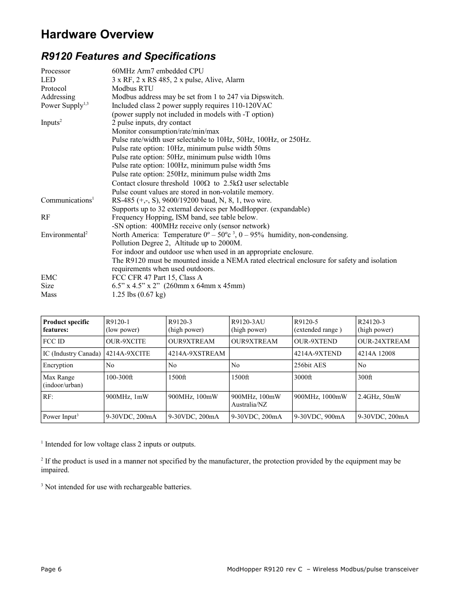 Hardware overview, R9120 features and specifications | Obvius R9120 Rev C User Manual | Page 6 / 16