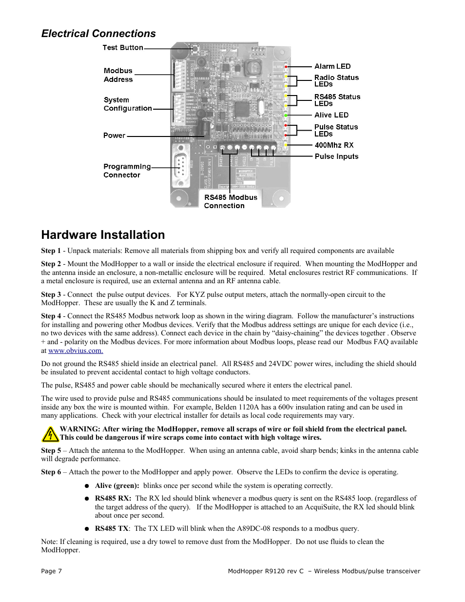 Electrical connections, Hardware installation | Obvius R9120 Rev C User Manual | Page 7 / 16