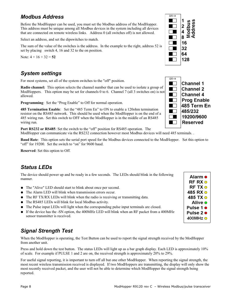 Modbus address, System settings, Status leds | Signal strength test | Obvius R9120 Rev C User Manual | Page 8 / 16