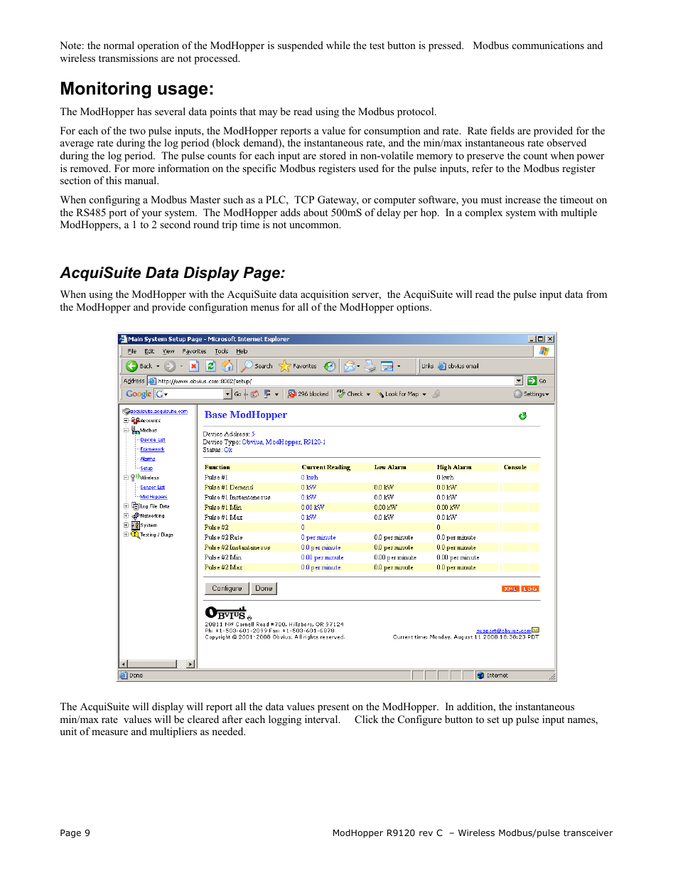 Monitoring usage, Acquisuite data display page | Obvius R9120 Rev C User Manual | Page 9 / 16