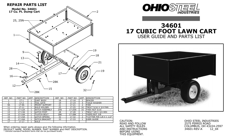 Ohio Steel 34601 20 Cu Ft Welded Steel Dump Cart User Manual | 2 pages