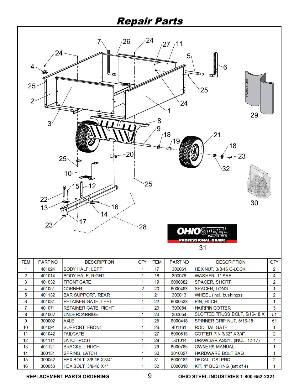 Repair, Drawing view58, Repair parts | Ohio Steel 3460HKD 20 Cu Ft Steel Dump Cart User Manual | Page 10 / 12