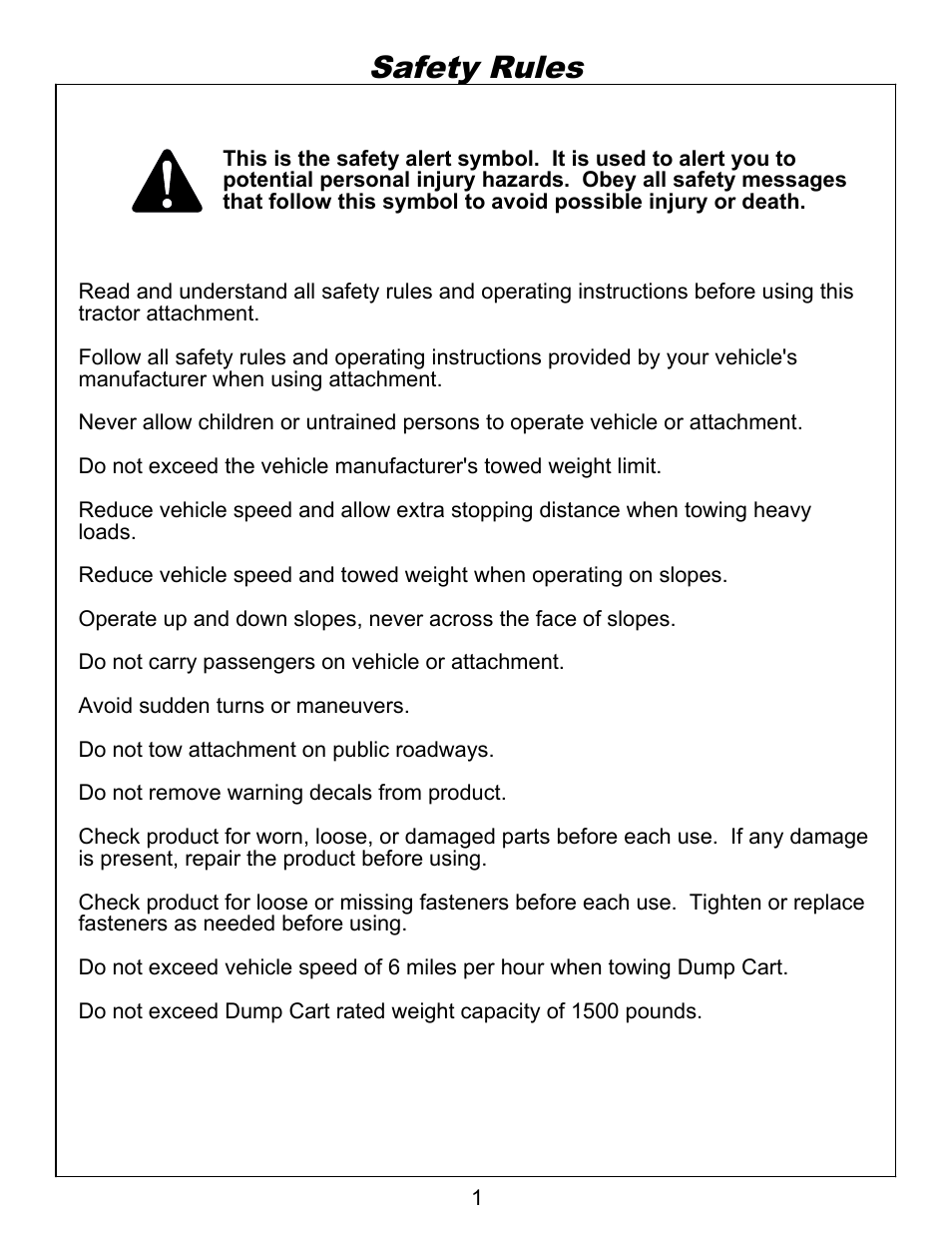 Safe, Safety rules | Ohio Steel 3460HKD 20 Cu Ft Steel Dump Cart User Manual | Page 2 / 12