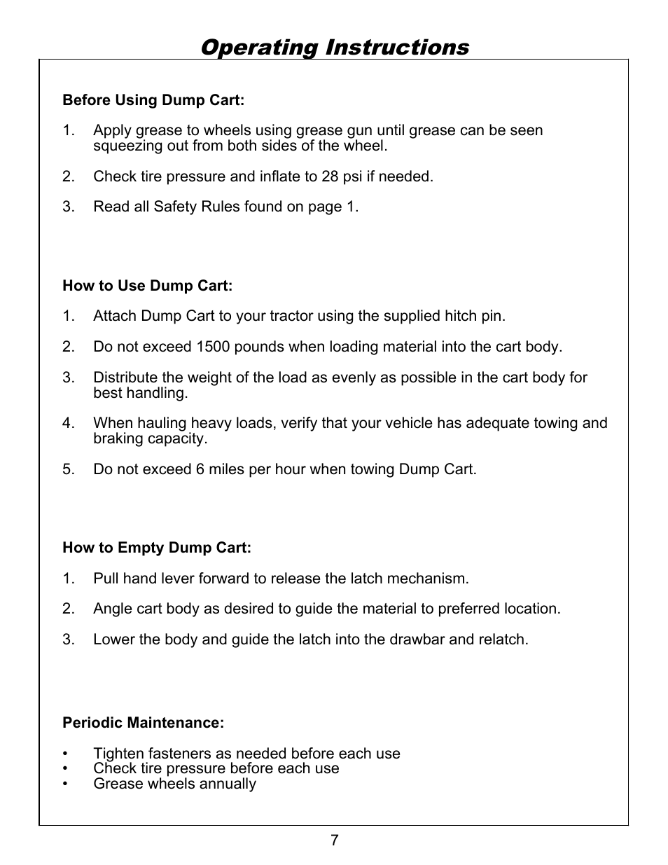 Operating instructions | Ohio Steel 3460HKD 20 Cu Ft Steel Dump Cart User Manual | Page 8 / 12