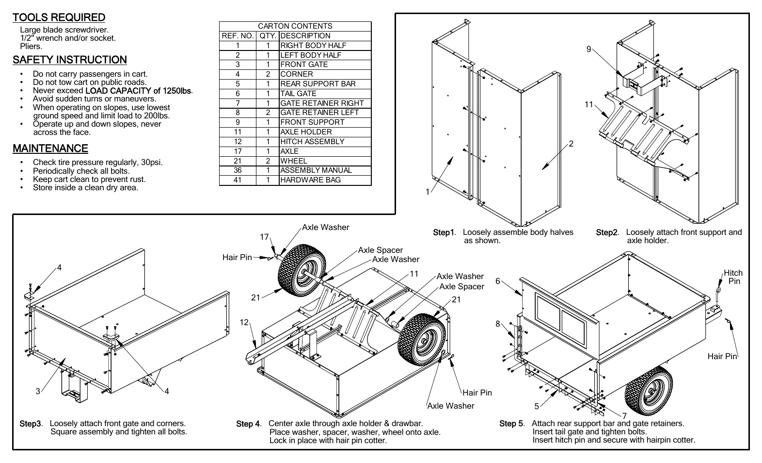 3448hkd manual p2, Maintenance, Safety instruction | Tools required | Ohio Steel 3448HKD 16 Cu Ft Steel Dump Cart User Manual | Page 2 / 2