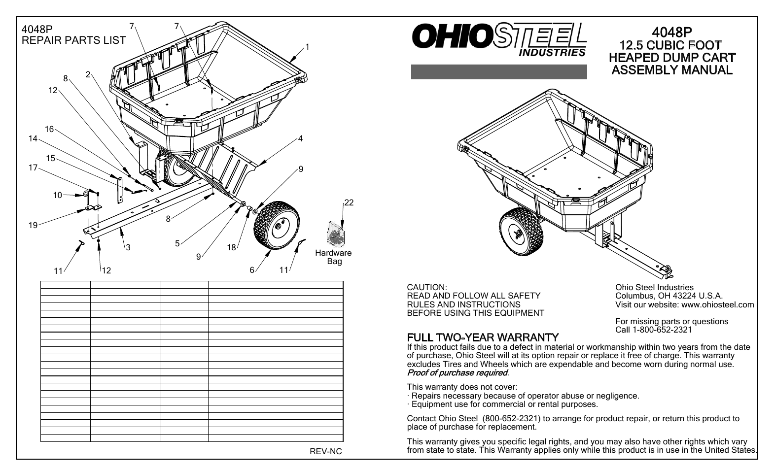 Ohio Steel 4048P 12.5 Cu Ft Poly Dump Cart User Manual | 2 pages