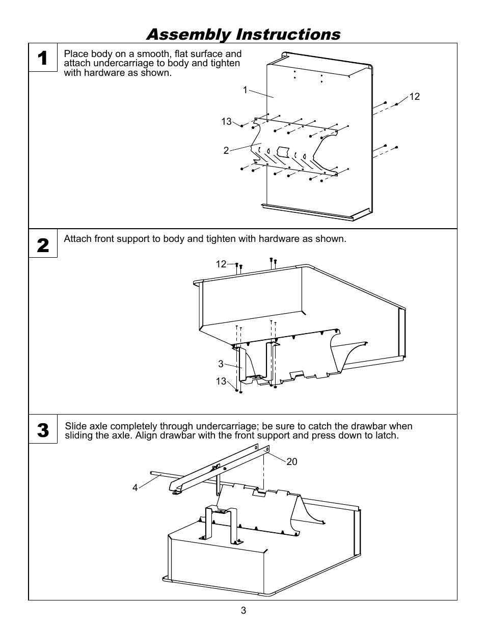 Assy 1, Drawing view3, Drawing view4 | Drawing view5, Assembly instructions | Ohio Steel 3048H 12 Cu Ft Welded Steel Dump Cart User Manual | Page 4 / 10