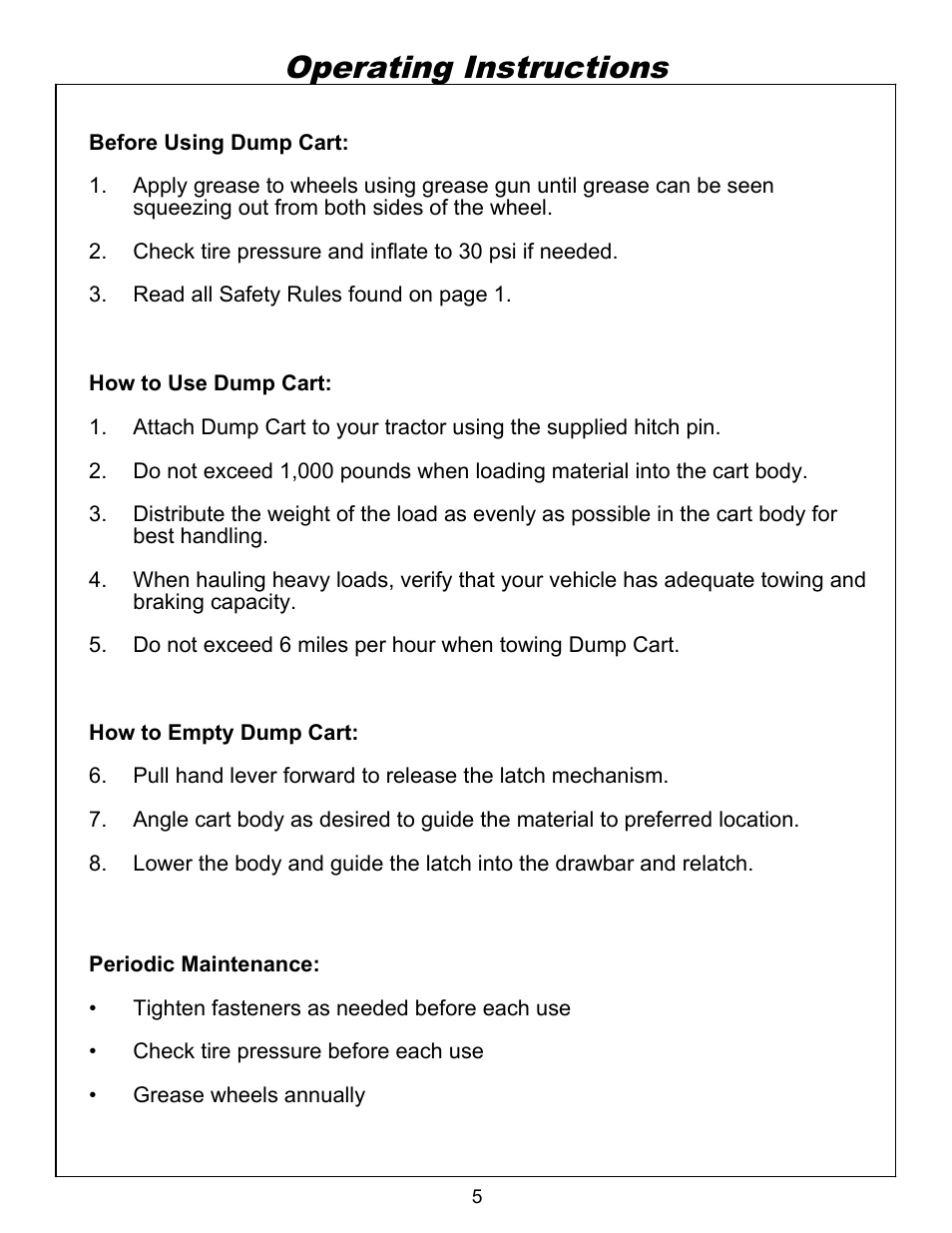 Operation, Operating instructions | Ohio Steel 3048H 12 Cu Ft Welded Steel Dump Cart User Manual | Page 6 / 10