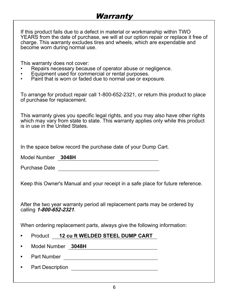 Warr, Warranty | Ohio Steel 3048H 12 Cu Ft Welded Steel Dump Cart User Manual | Page 7 / 10