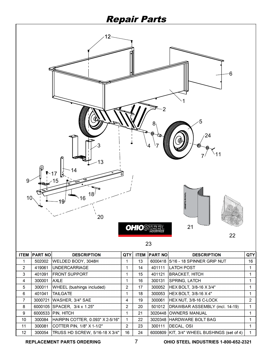 Repair, Drawing view1, Repair parts | Ohio Steel 3048H 12 Cu Ft Welded Steel Dump Cart User Manual | Page 8 / 10