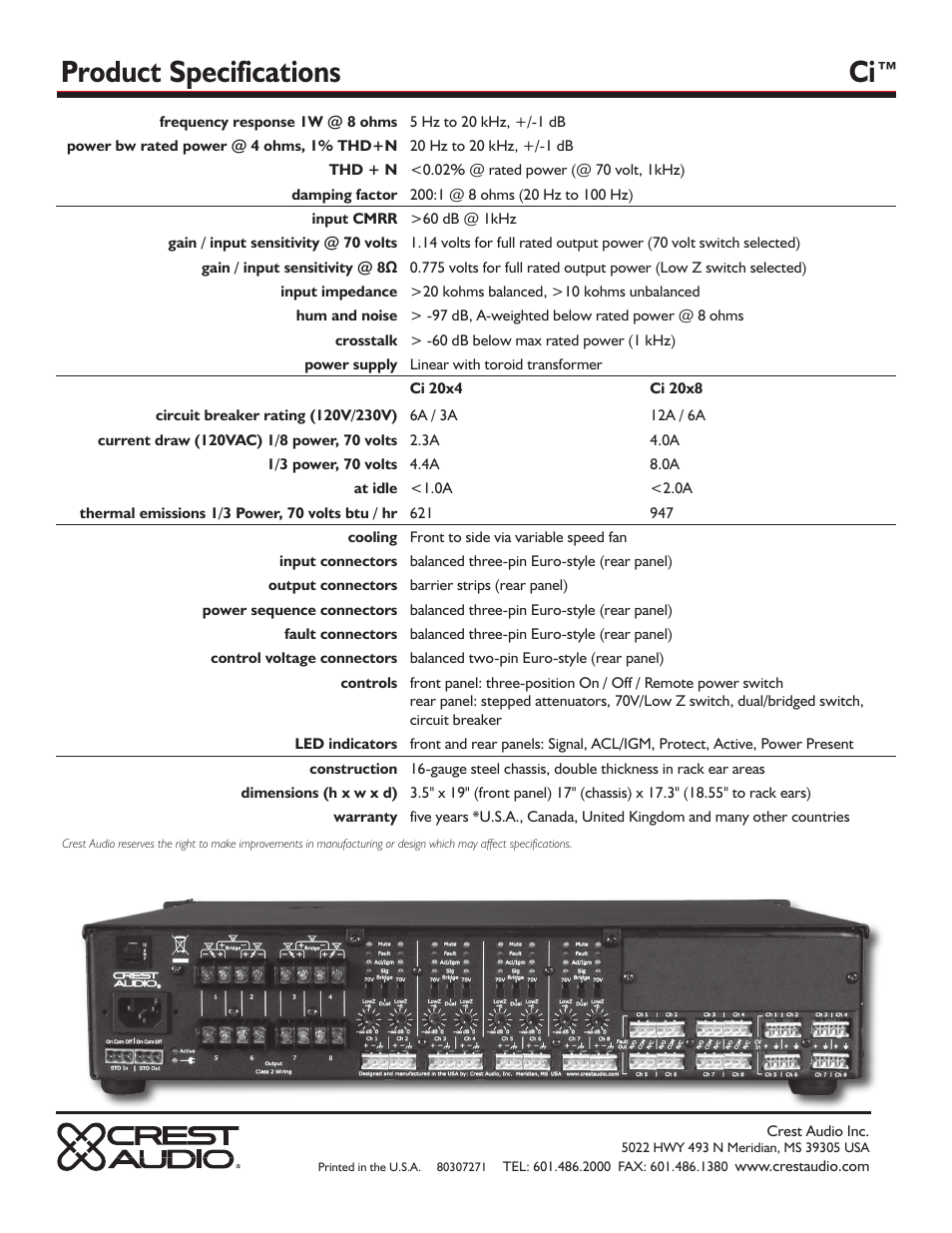 Product specifications | Crest Audio Ci 20 X 8 User Manual | Page 2 / 2