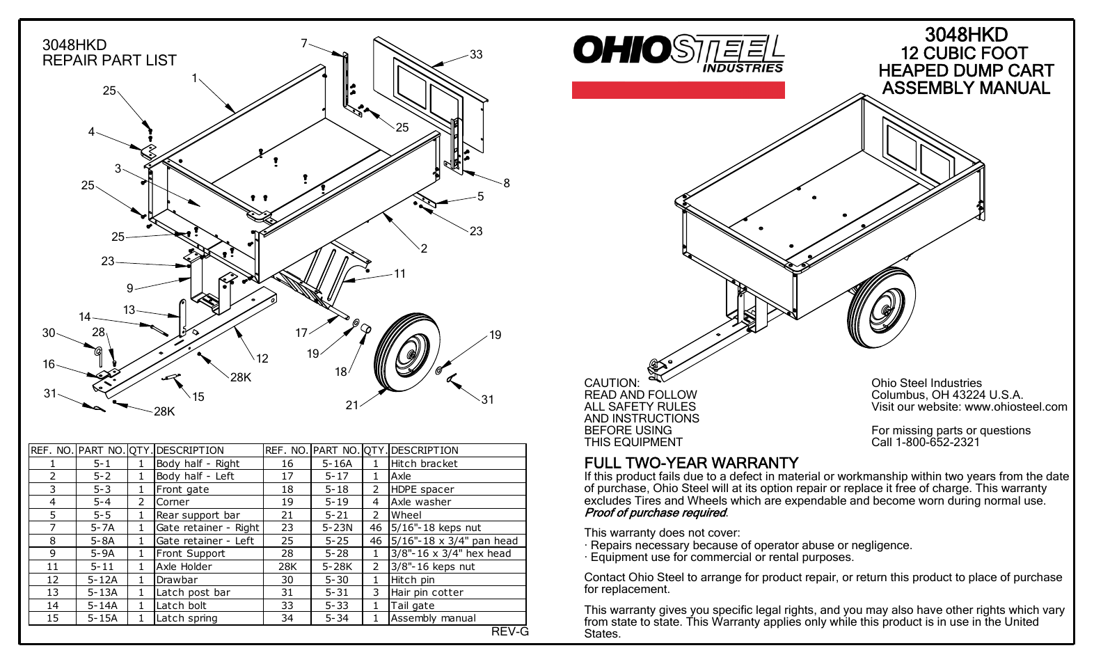 Ohio Steel 3048HKD 12 Cu Ft Steel Dump Cart User Manual | 2 pages