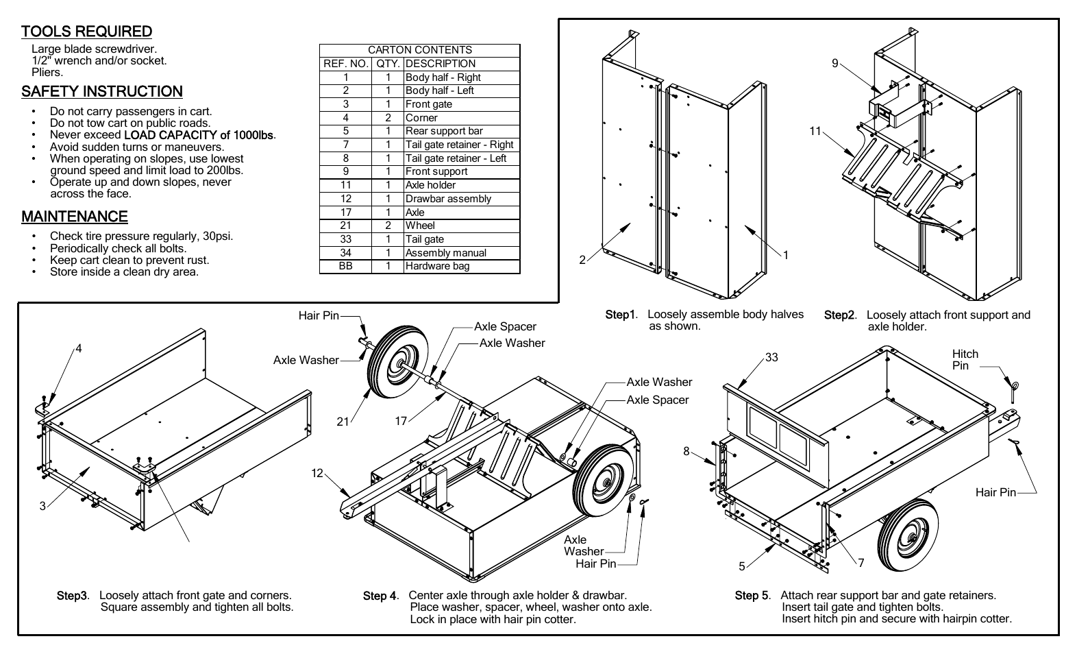 3048hkd manual p2, Tools required, Safety instruction | Maintenance | Ohio Steel 3048HKD 12 Cu Ft Steel Dump Cart User Manual | Page 2 / 2