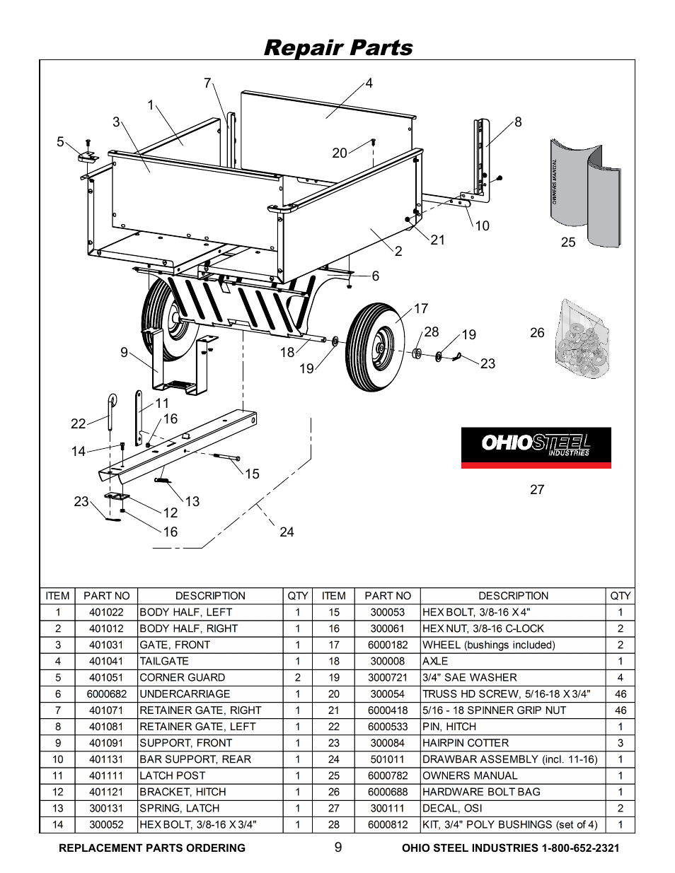 Repair, Drawing view122, Repair parts | Ohio Steel 3042HKD 10 Cu Ft Steel Dump Cart User Manual | Page 10 / 12