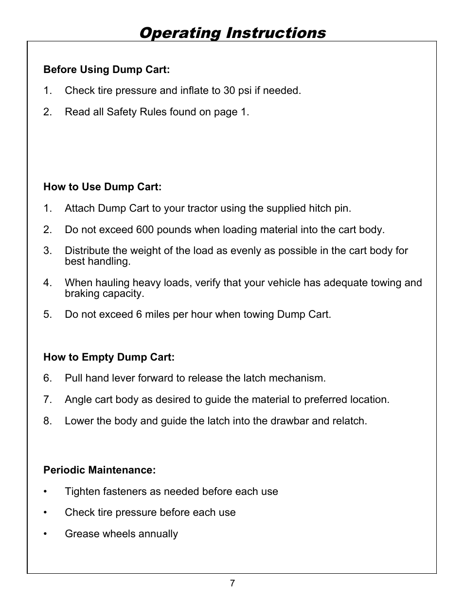 Operation, Operating instructions | Ohio Steel 3042HKD 10 Cu Ft Steel Dump Cart User Manual | Page 8 / 12