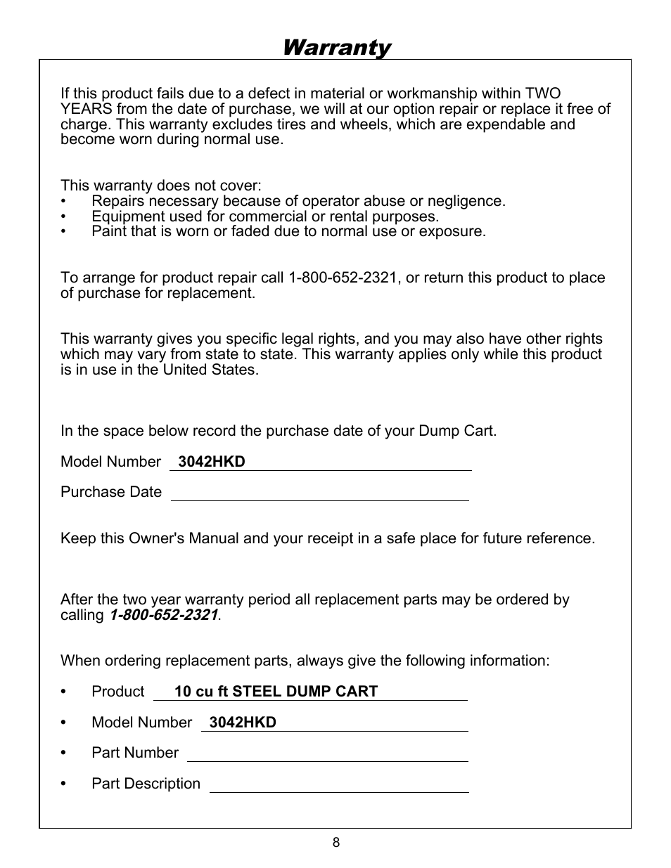 Warr, Warranty | Ohio Steel 3042HKD 10 Cu Ft Steel Dump Cart User Manual | Page 9 / 12