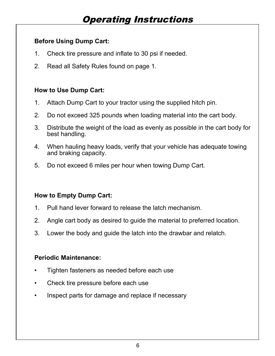 Operation, Operating instructions | Ohio Steel 3040P 10 Cu Ft Poly Dump Cart User Manual | Page 7 / 10