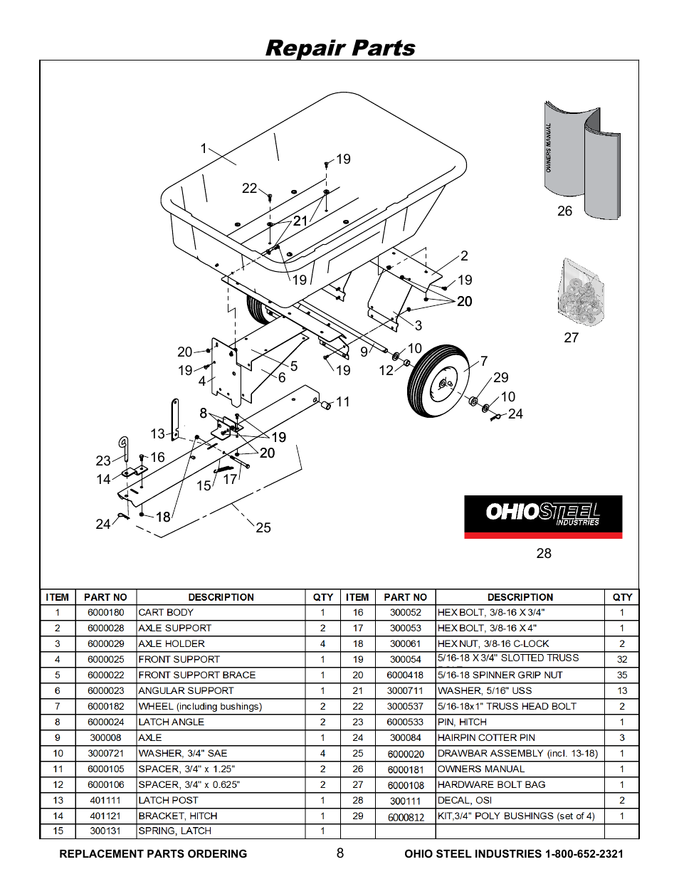 Repair, Drawing view6, Repair parts | Ohio Steel 3040P 10 Cu Ft Poly Dump Cart User Manual | Page 9 / 10